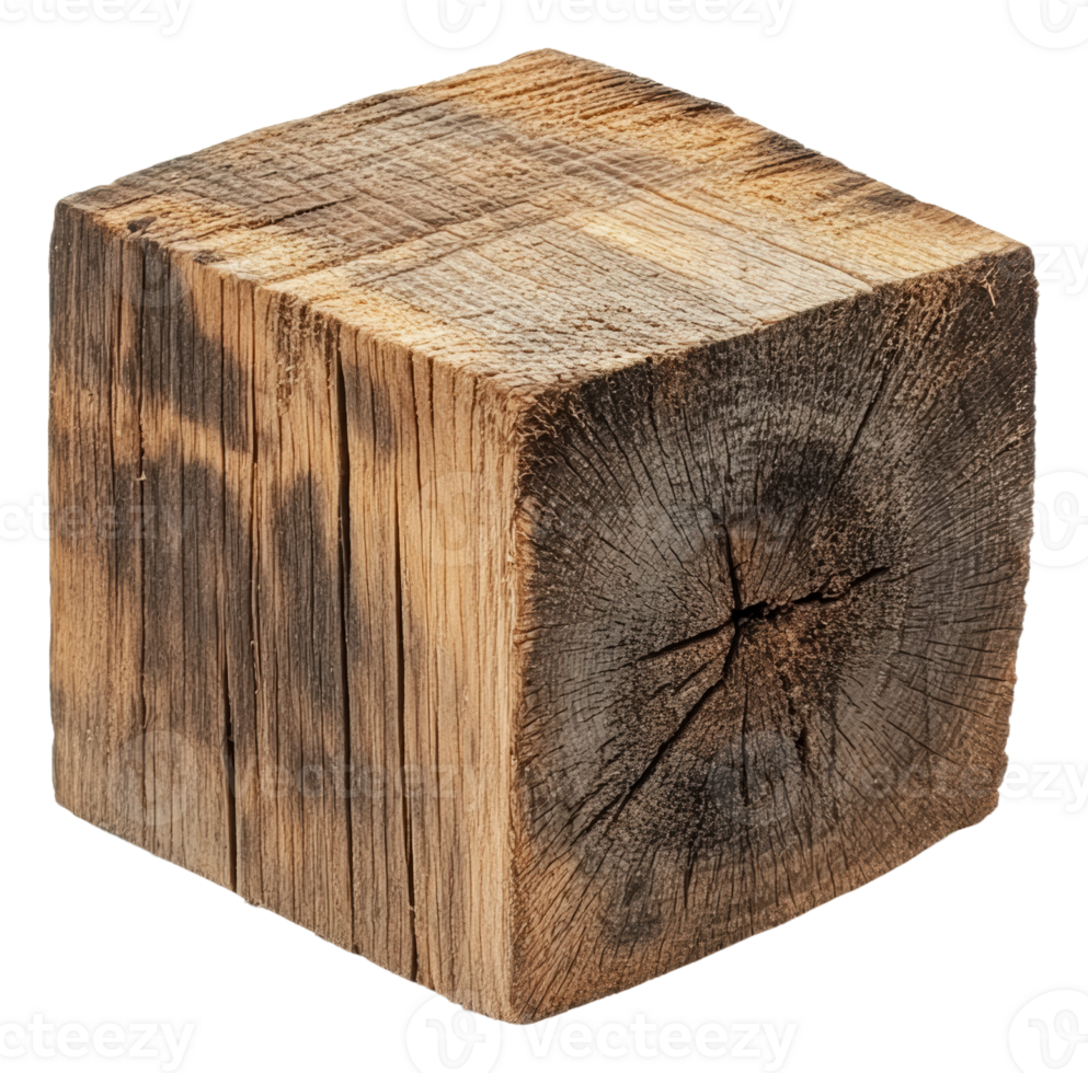 Rustic wooden cube sitting on a light surface png