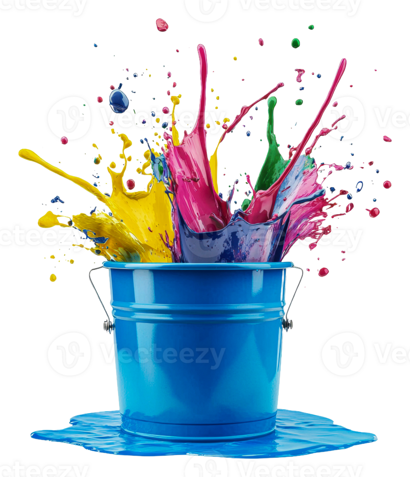A bucket filled with paint splashes on a black background png