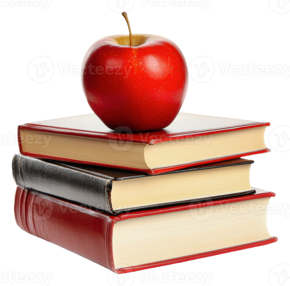 A red apple resting on stacked books in a study png