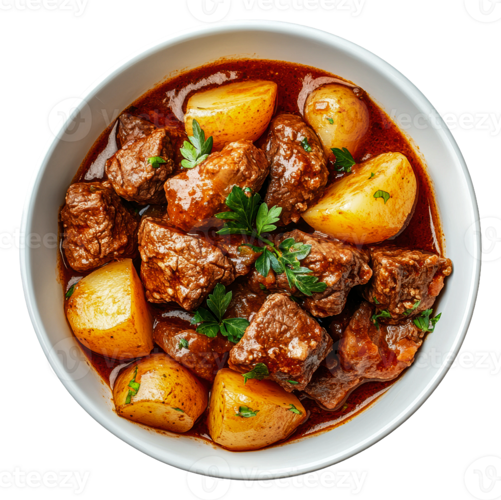 Warm beef stew with potatoes and herbs png
