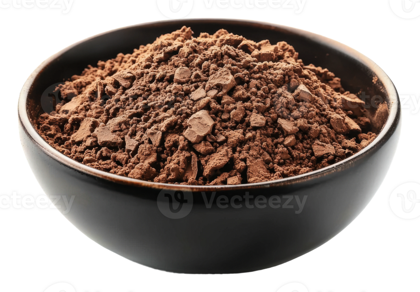Cocoa powder in a black bowl on a white surface png