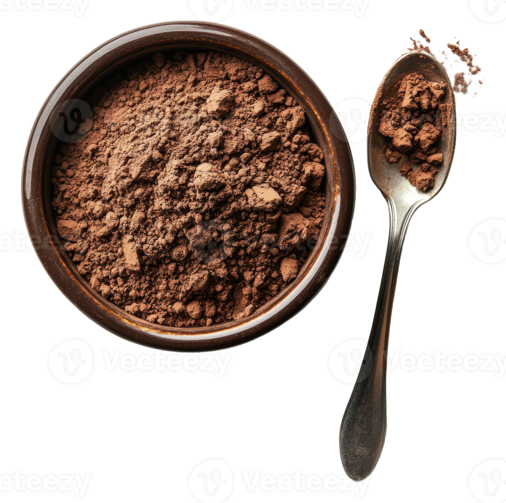 Bowl of rich cocoa powder with spoon png