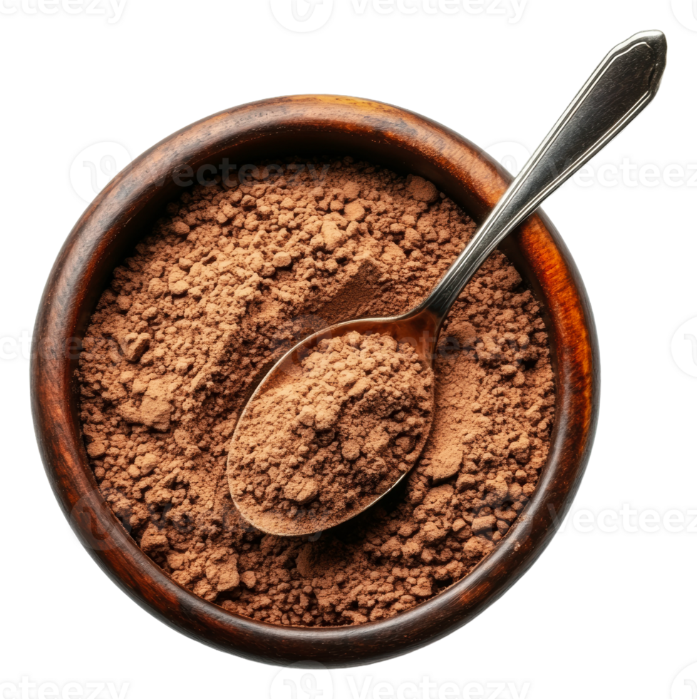 Natural cocoa powder in wooden bowl with spoon png