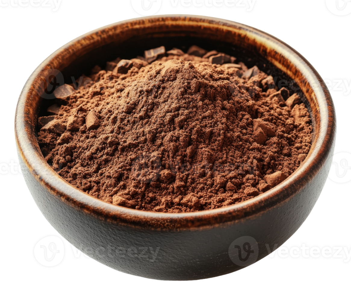 Natural cocoa powder in a wooden bowl with texture png