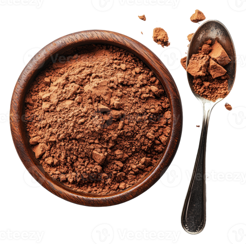 Rich cocoa powder in a wooden bowl and spoon png