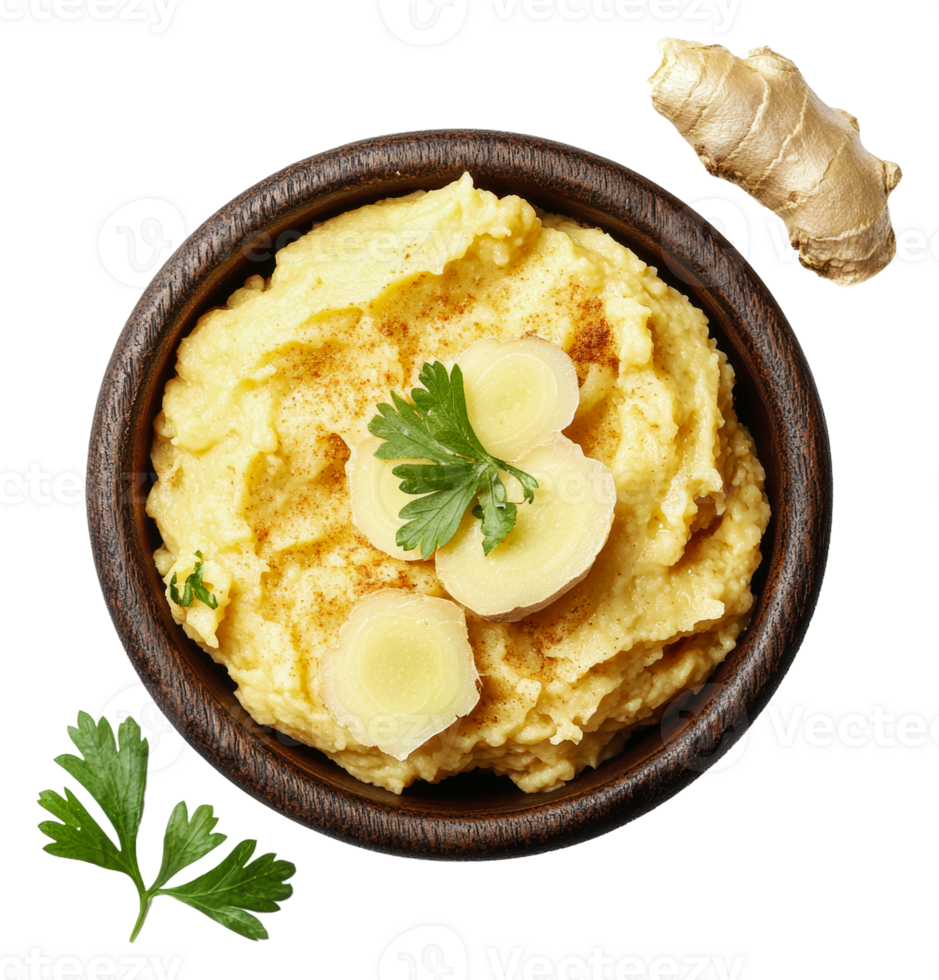 Creamy hummus with ginger and parsley on a plate png