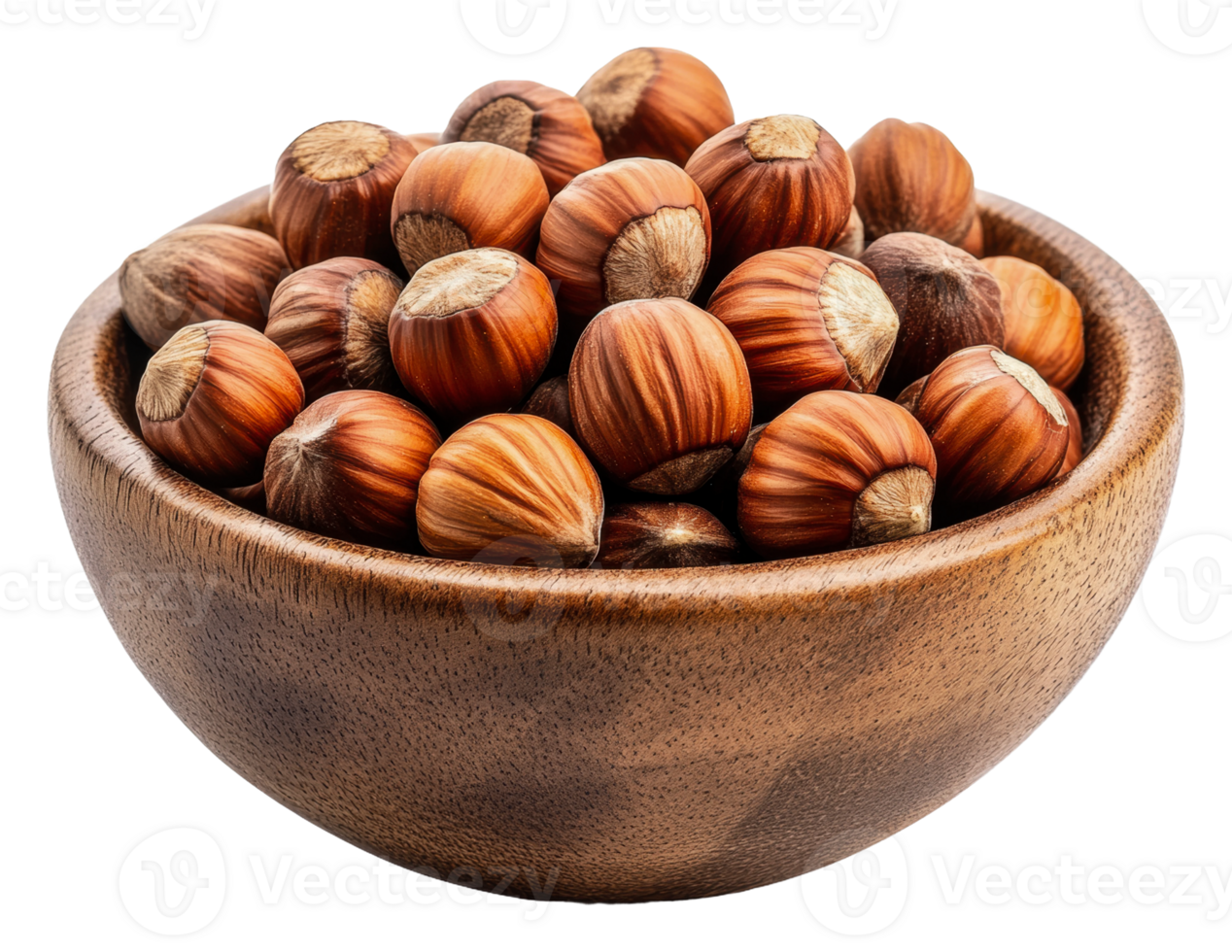 Hazelnuts in a wooden bowl, white bg png
