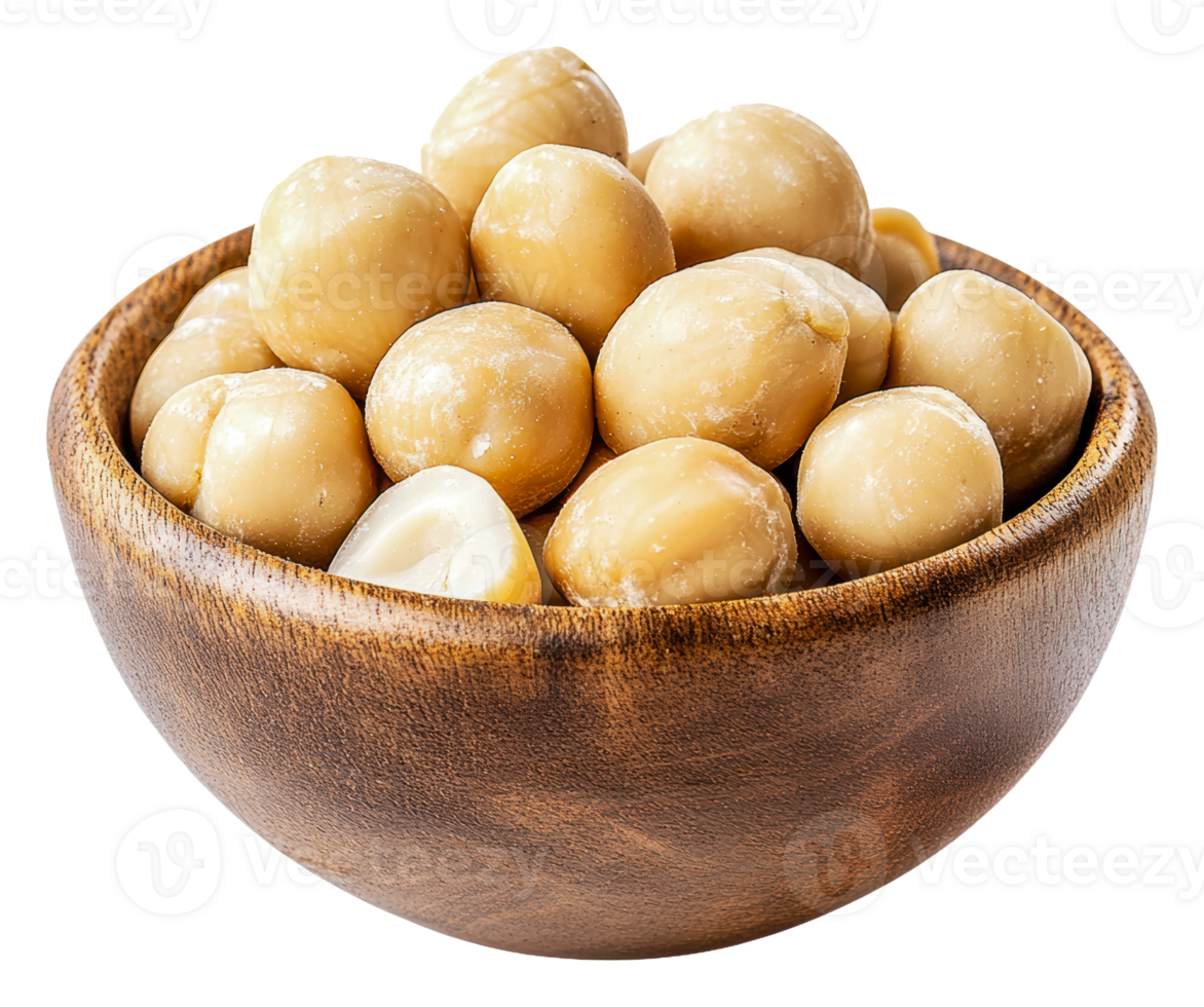 Natural macadamia nuts in a wooden bowl on display png