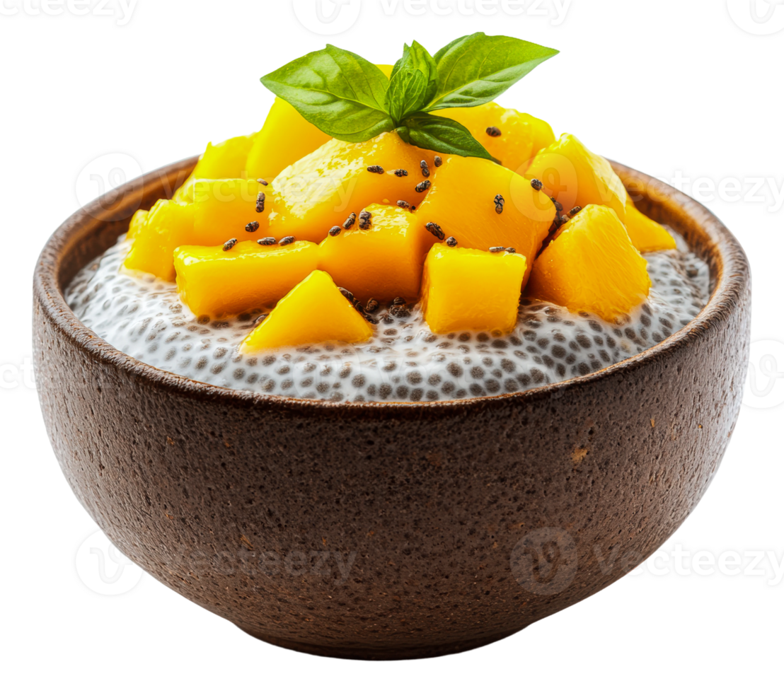 Creamy chia pudding topped with fresh mango chunks png