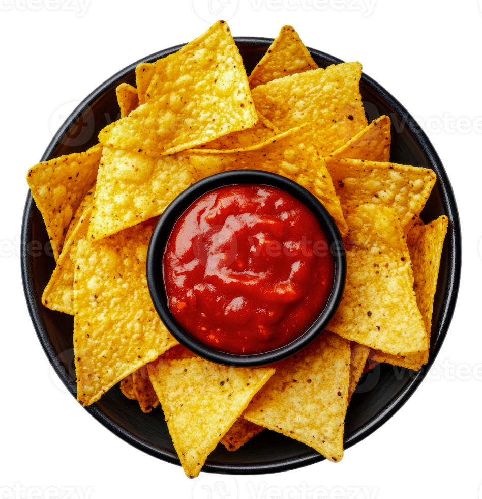Freshly made tortilla chips with salsa in a bowl png