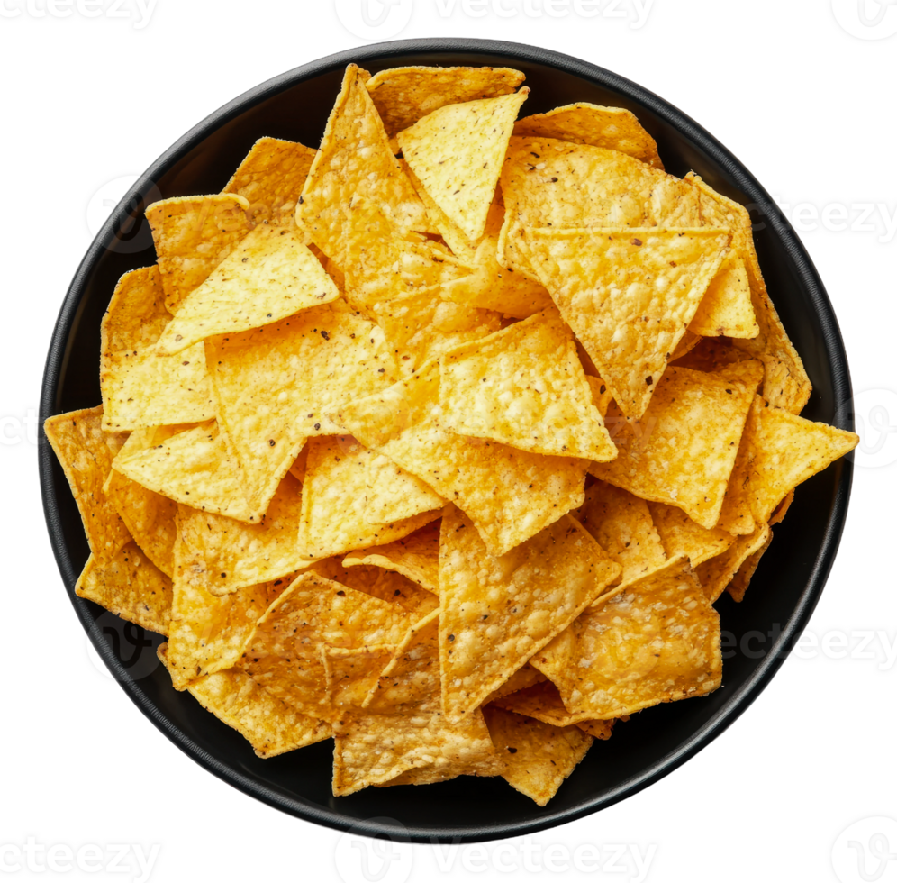 Crunchy tortilla chips in a black bowl on table png