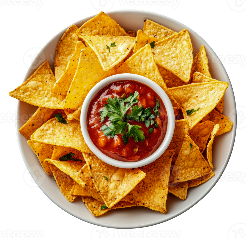 Delicious nachos with salsa on a white plate png