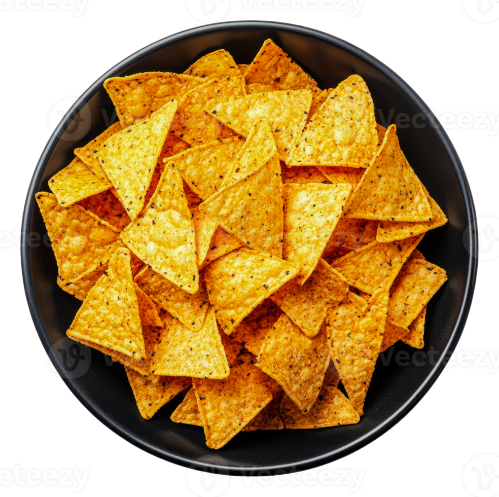 Crispy corn chips in a black bowl png