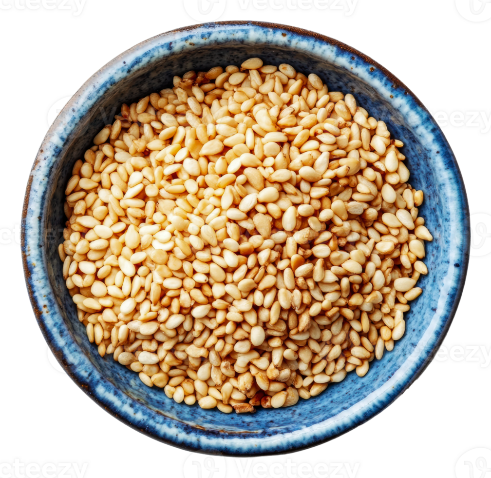 Bowl of toasted sesame seeds on a white background png