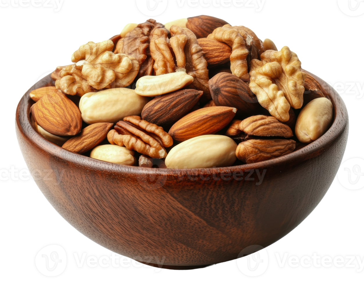 Assorted nuts in a wooden bowl on a white surface png