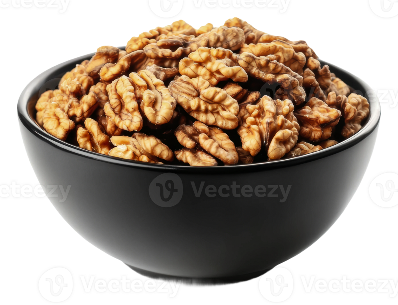 A black bowl filled with fresh walnuts on display png