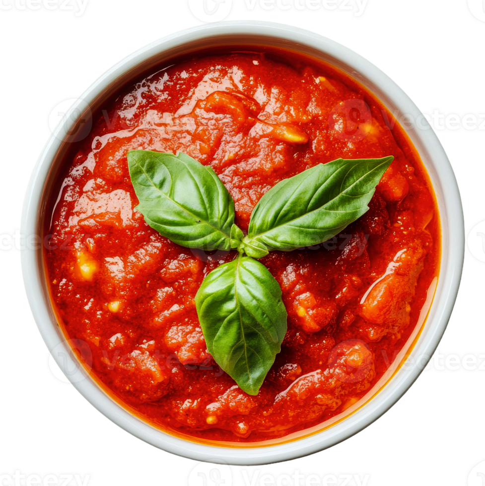 Fresh tomato sauce with basil garnish in a bowl png