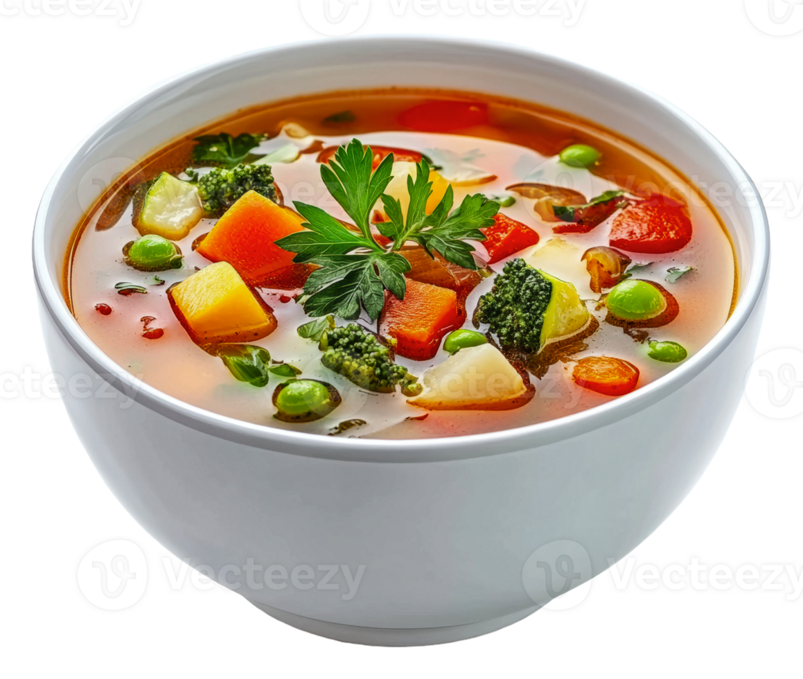 Fresh vegetable soup in a white bowl with herbs png