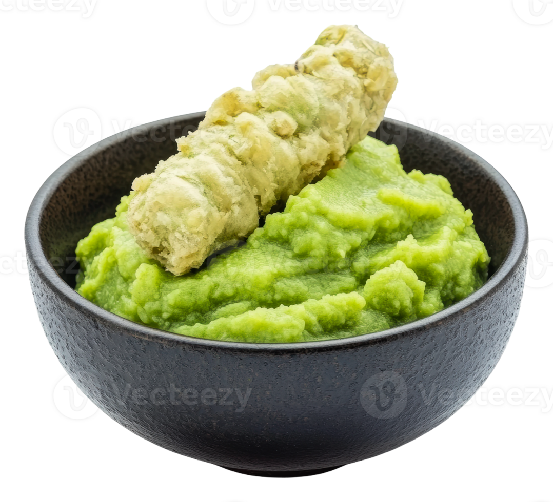 Fresh wasabi on a bed of creamy green paste png