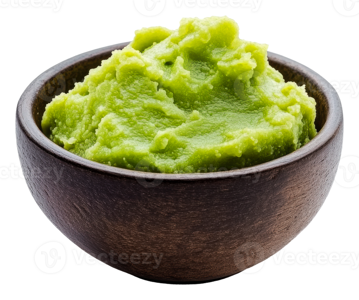 Fresh green wasabi paste served in a wooden bowl png