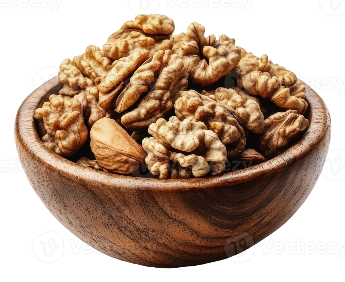 Freshly shelled walnuts in a rustic wooden bowl png