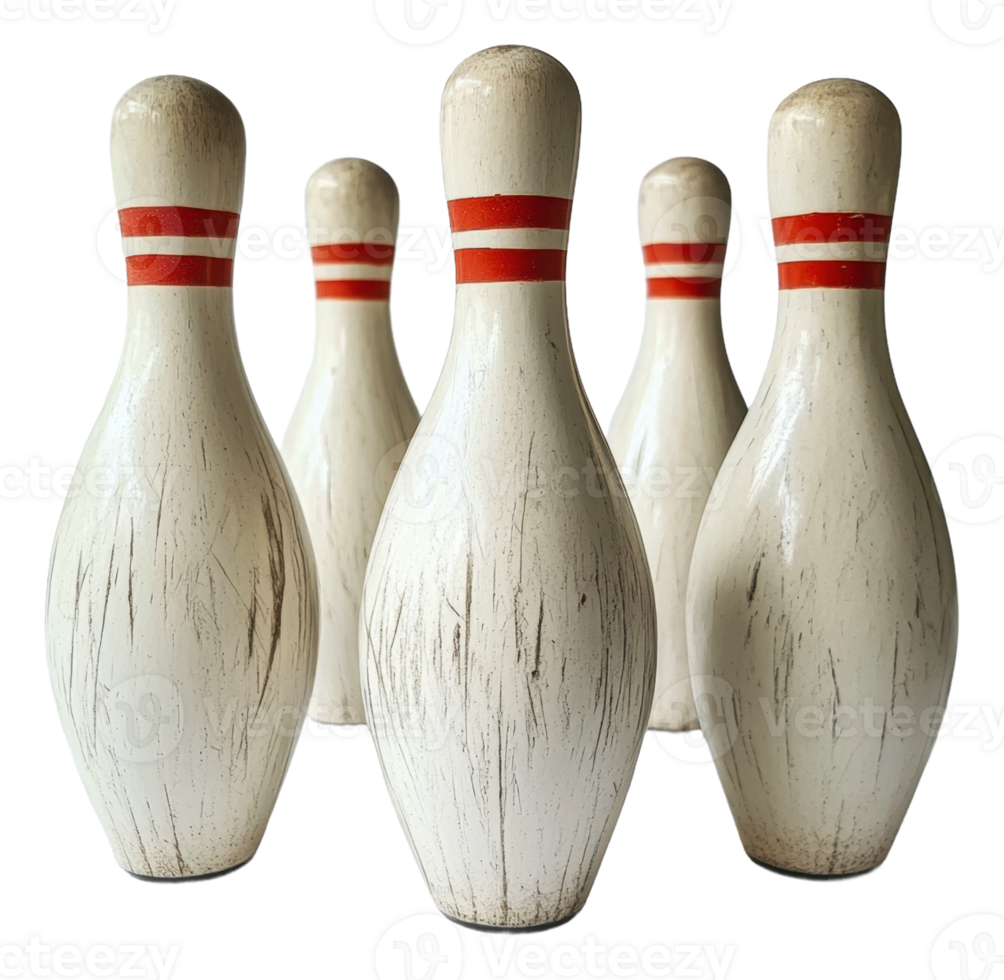 Vintage bowling pins arranged in a playful setting png