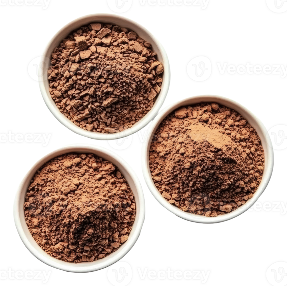 Three bowls of cocoa powder on a white background png