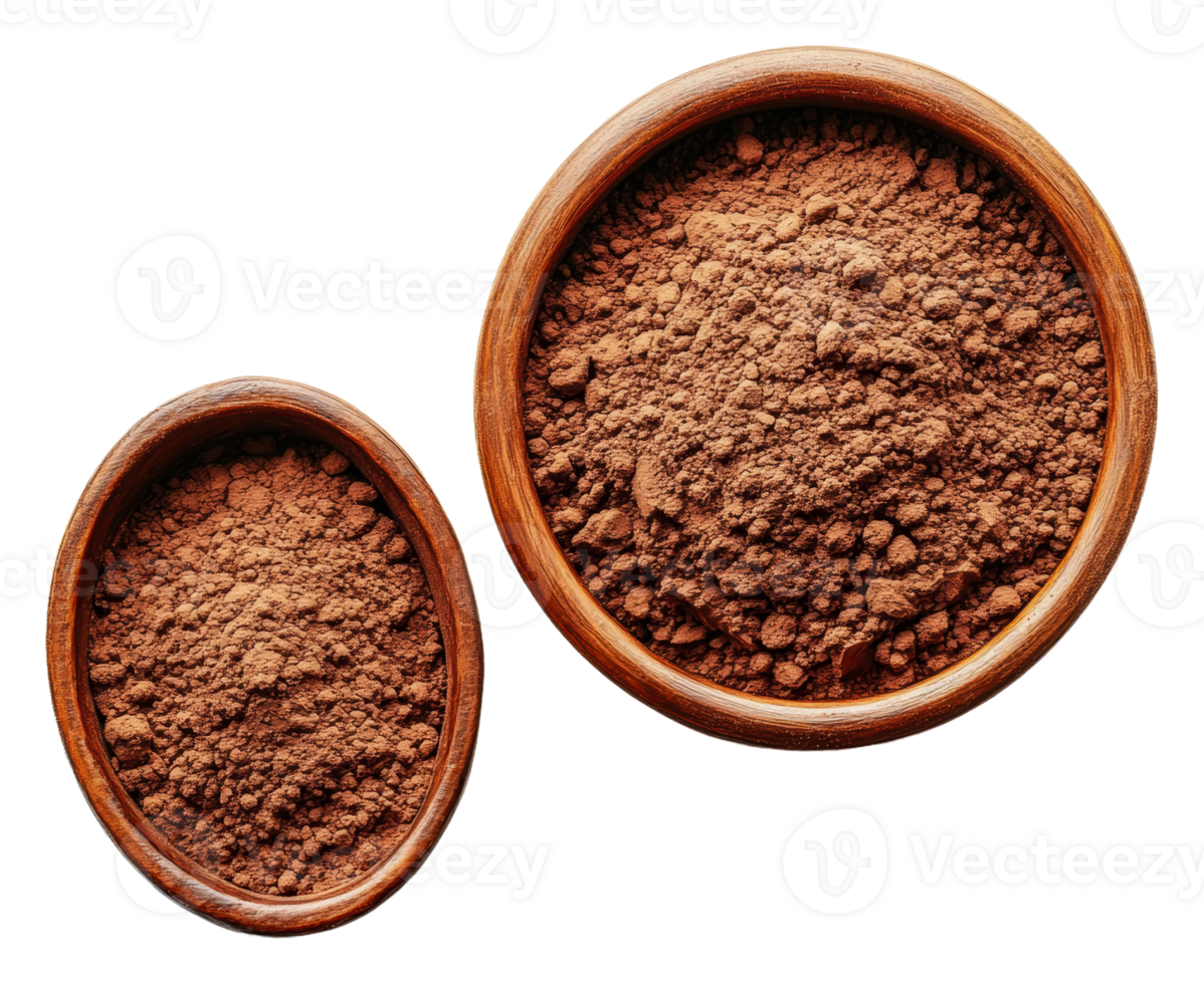 Cocoa powder in wooden bowls on a white background png