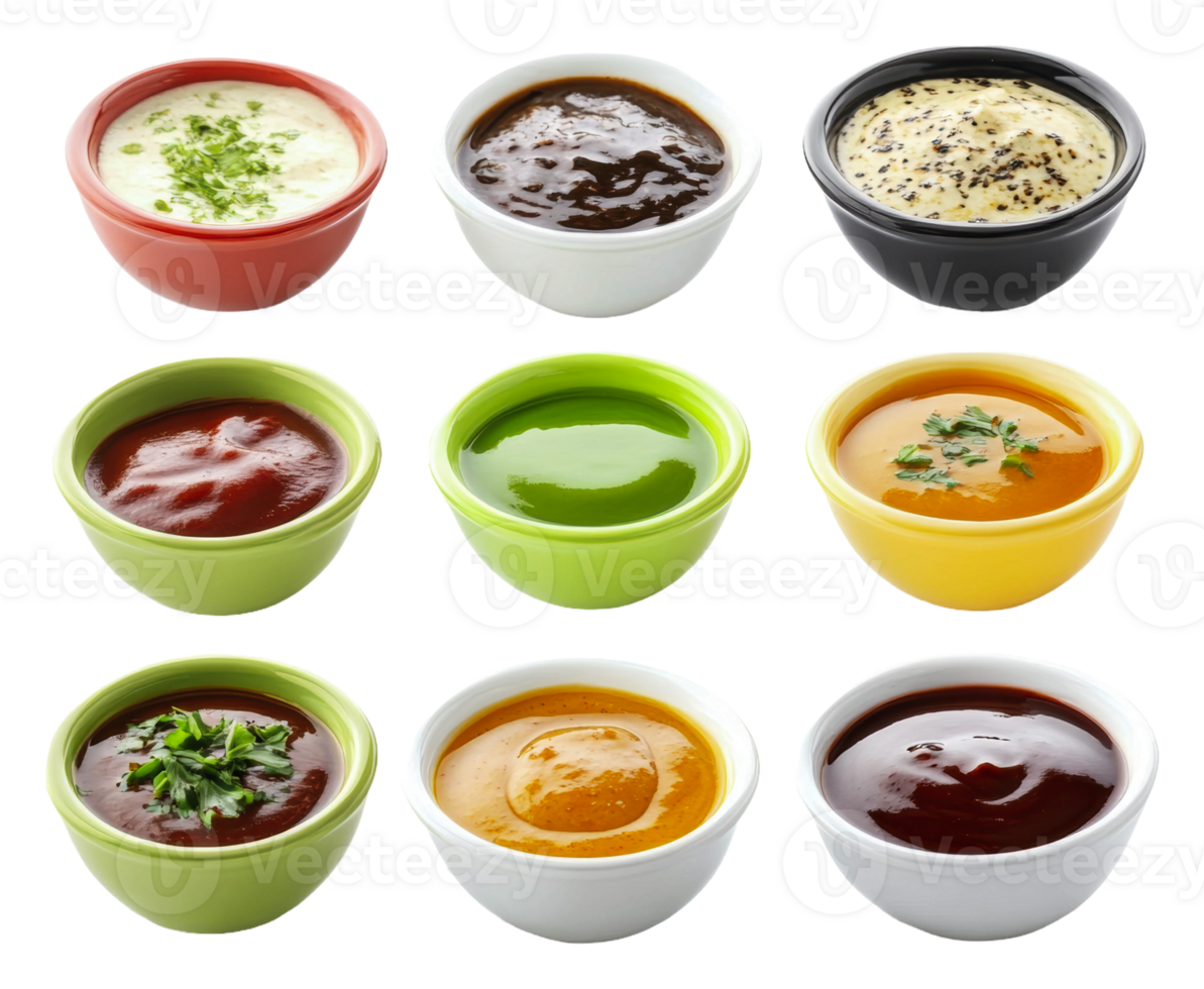 Colorful sauces in bowls on white background png
