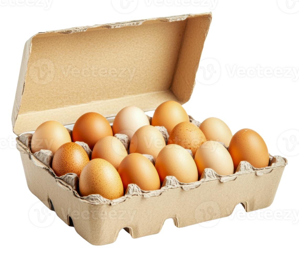 Fresh brown eggs in a carton on a kitchen table png
