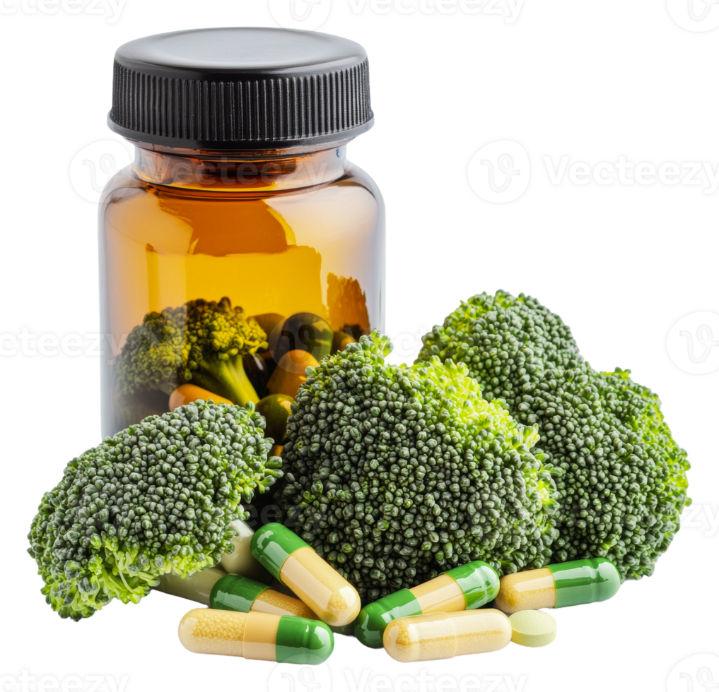Broccoli and herbal supplement capsules png