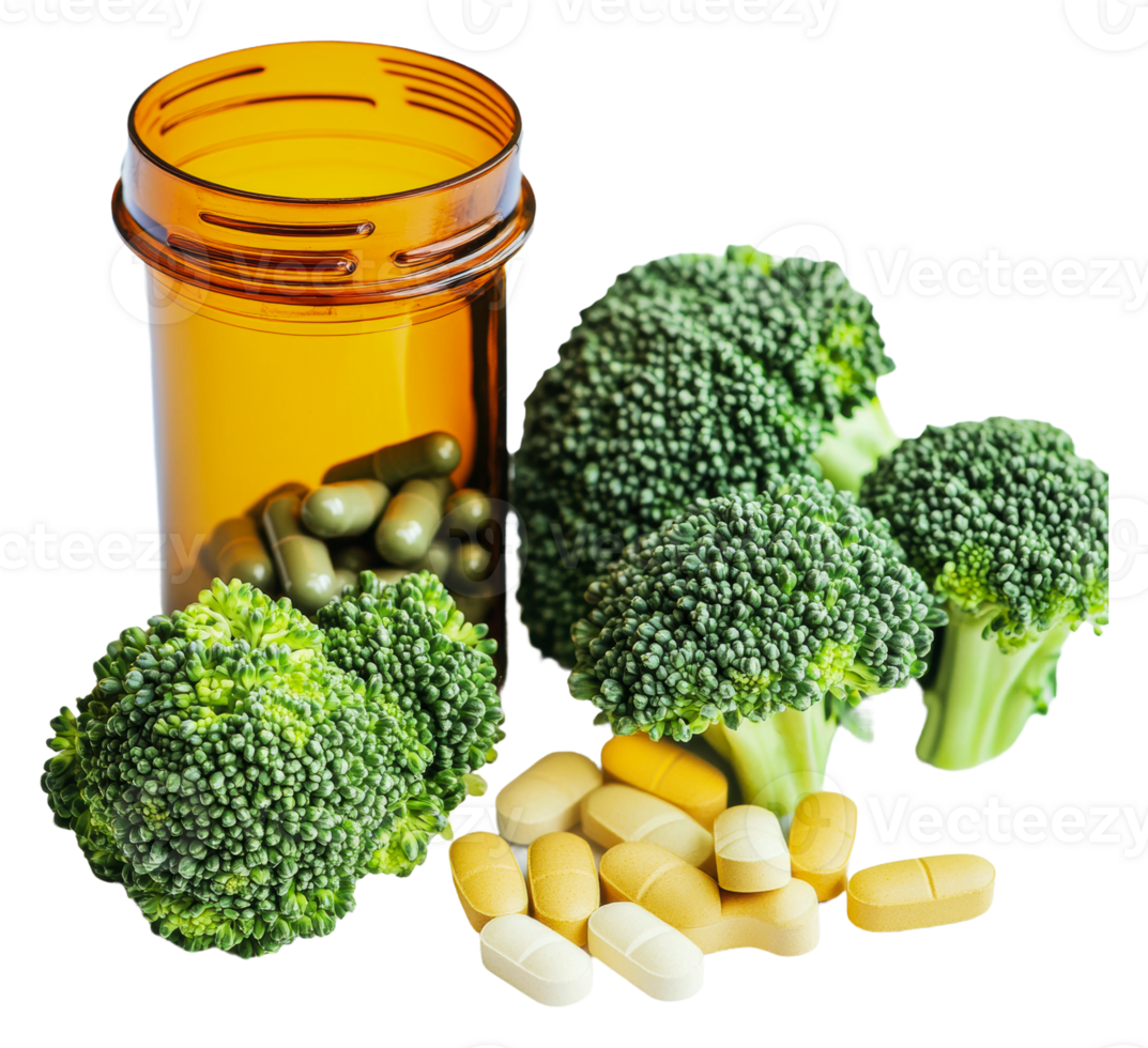 Broccoli and supplements on white png