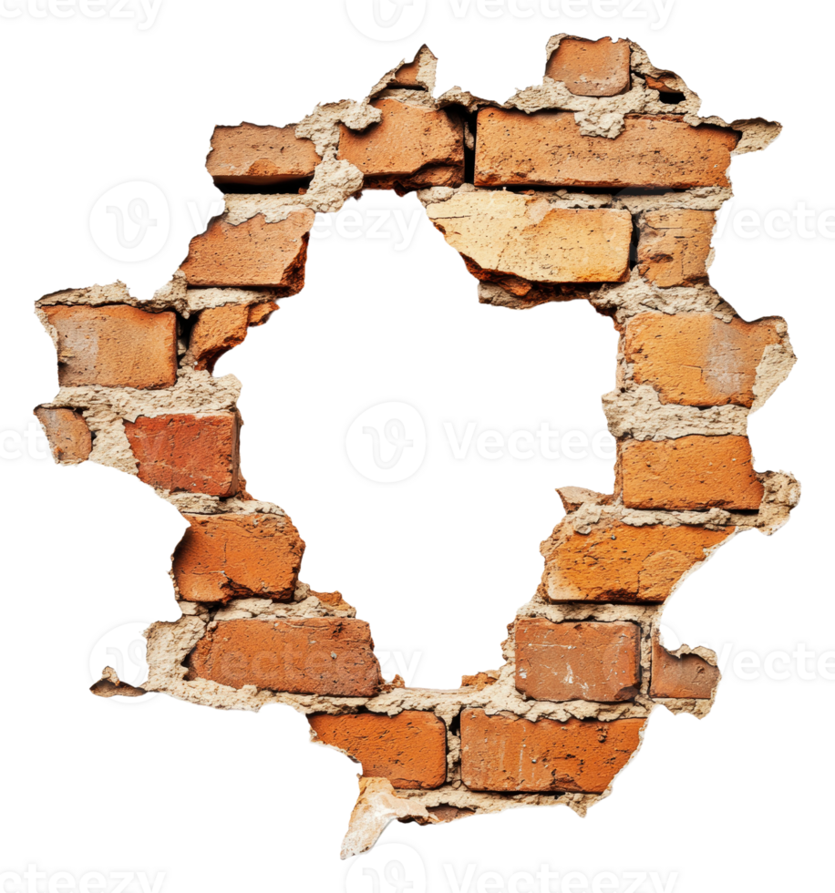 Exposed brick wall with a large hole in the center png