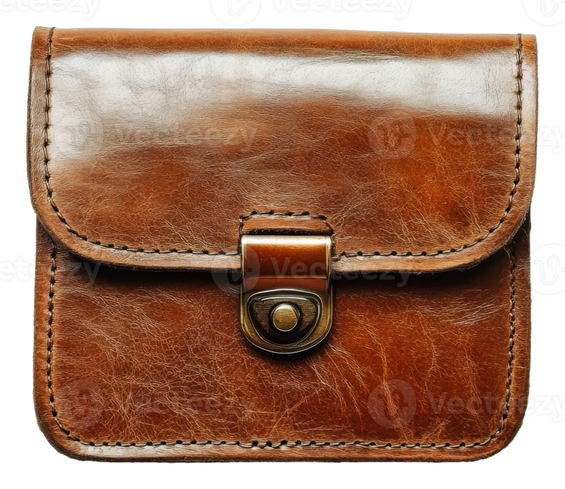 Elegant brown leather wallet with clasp closure png