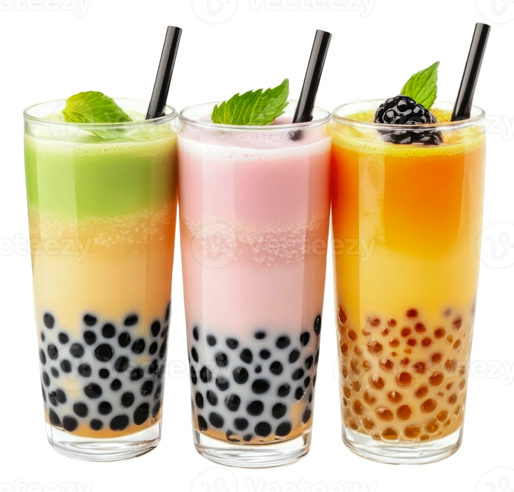 Refreshing bubble tea flavors in clear glasses png