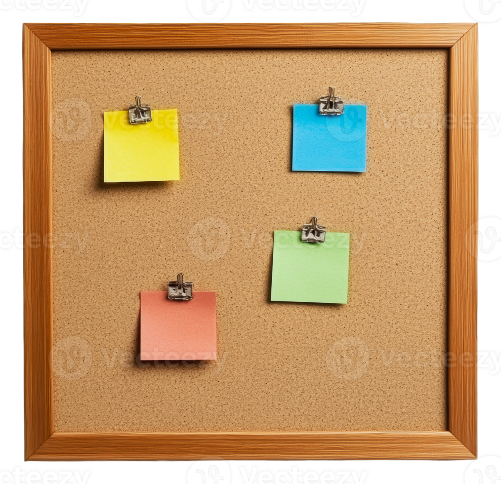 Colorful sticky notes attached to a cork board png