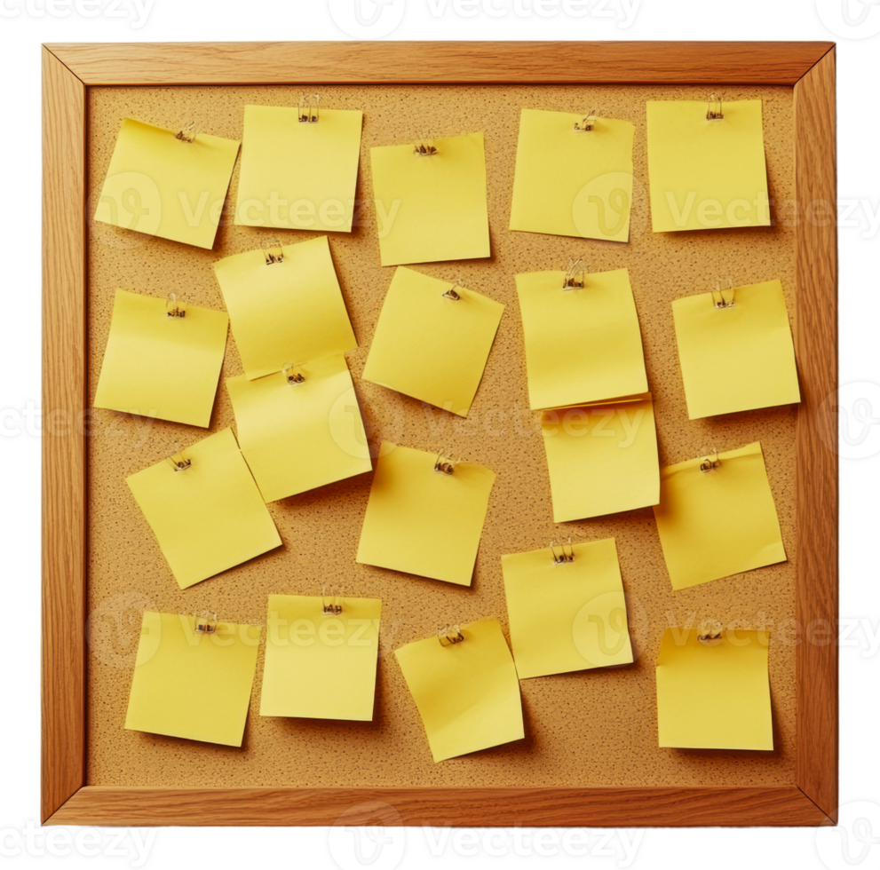 Yellow notes on a cork board png