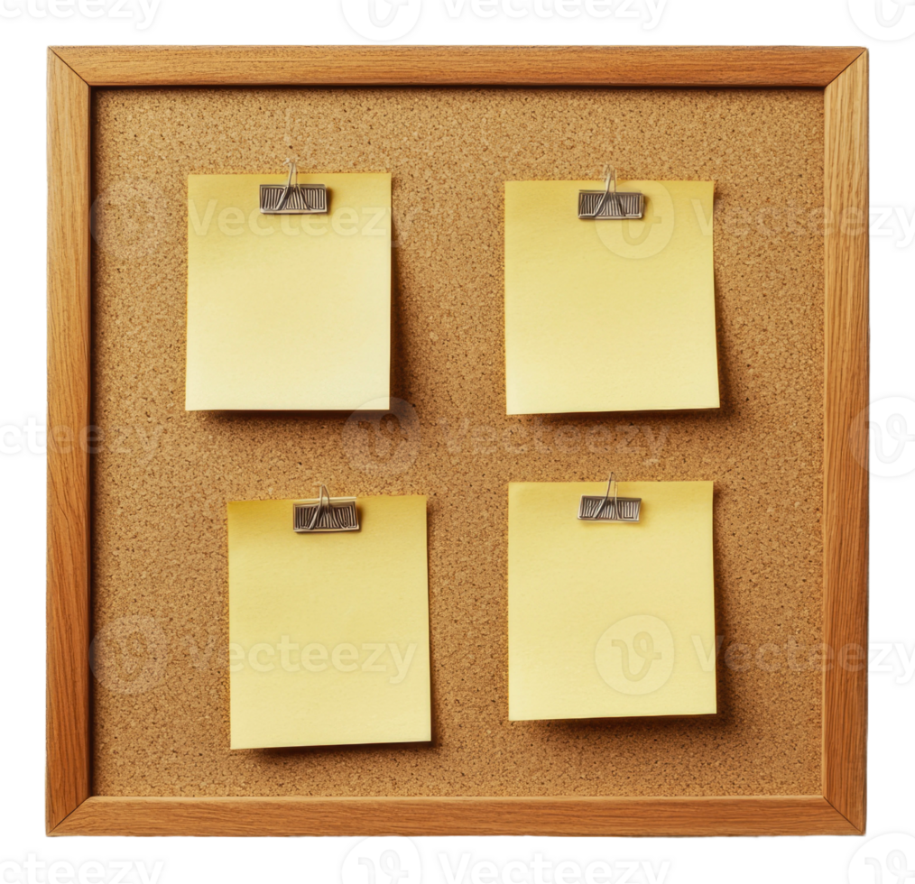 Simple cork board with four yellow notes attached png