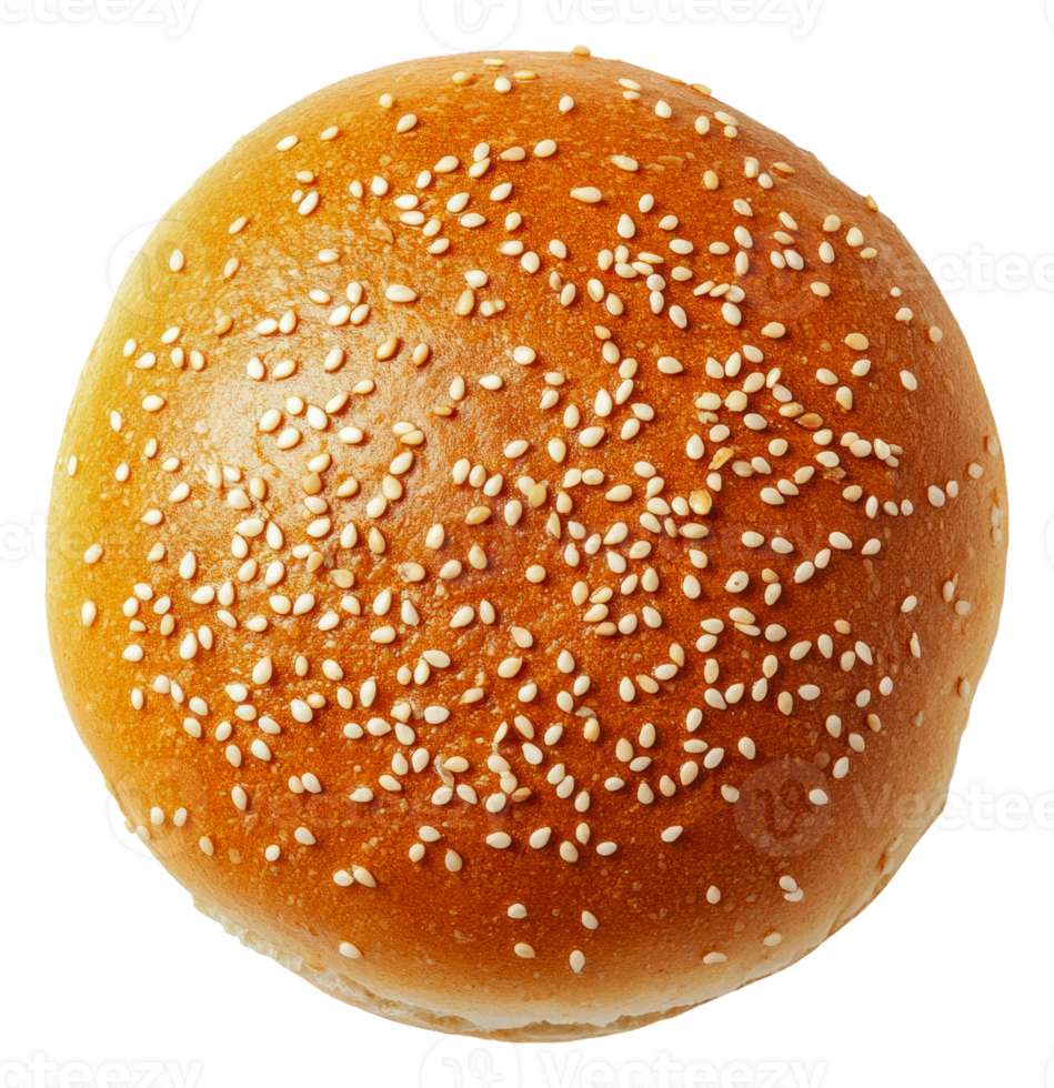 Freshly baked sesame seed hamburger bun on display png