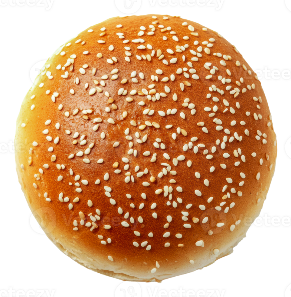Freshly baked sesame seed hamburger bun on display png