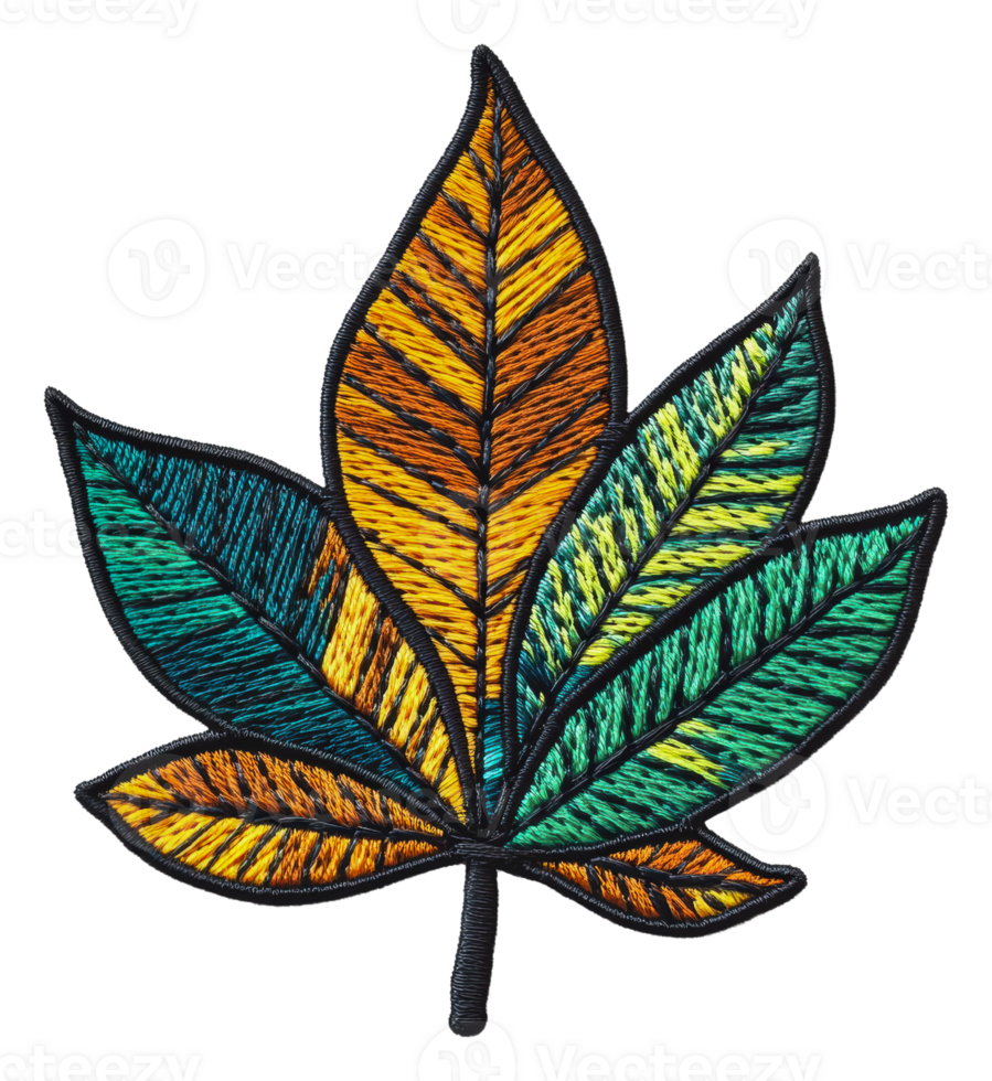 Autumn-hued embroidered leaf design, cut out - stock . png