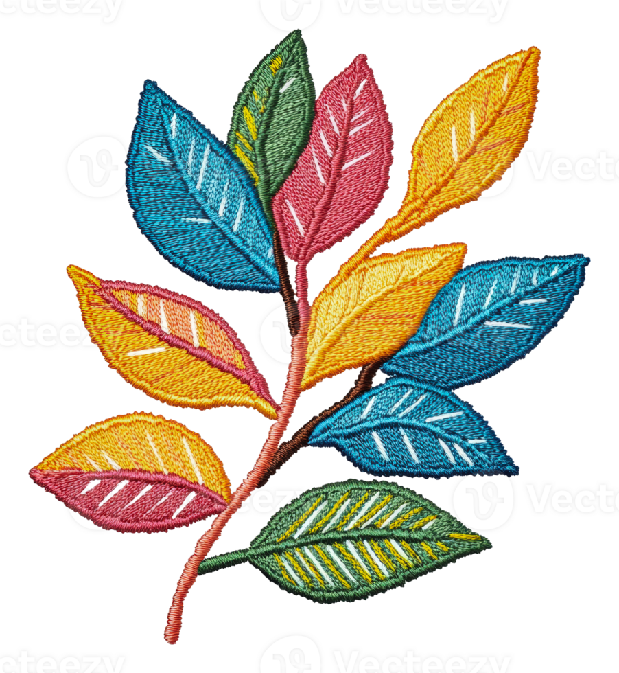 Colorful embroidered leaves on a decorative branch, cut out - stock . png