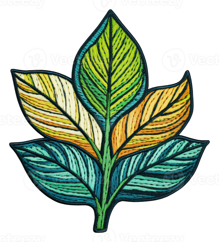 Colorful embroidered leaves with detailed patterns, cut out - stock . png