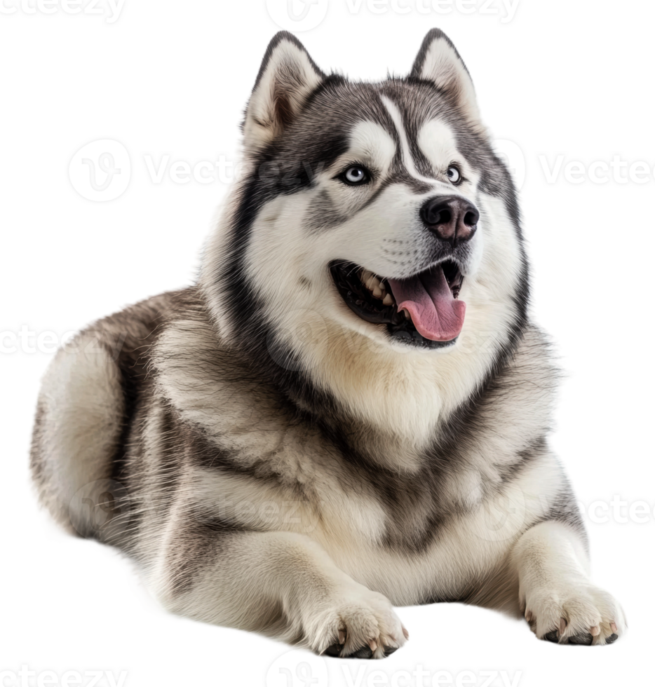 Playful husky lying down with a happy expression, cut out - stock . png