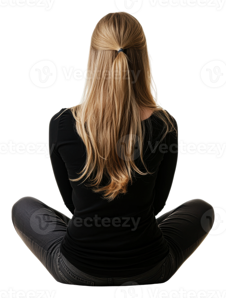 Woman sitting cross-legged with long hair indoors, cut out - stock . png