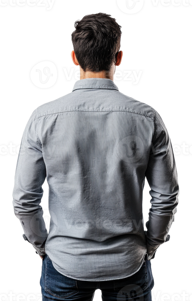 Man in gray shirt on white backdrop, cut out - stock . png