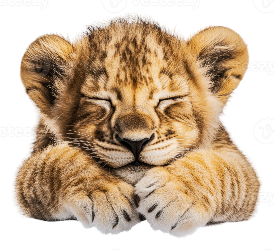 Cute lion cub sleeping peacefully in bright light, cut out - stock . png