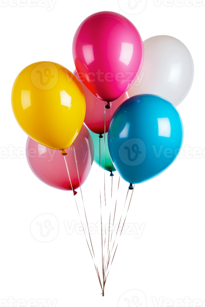 Colorful balloons floating together in bright hues, cut out - stock . png
