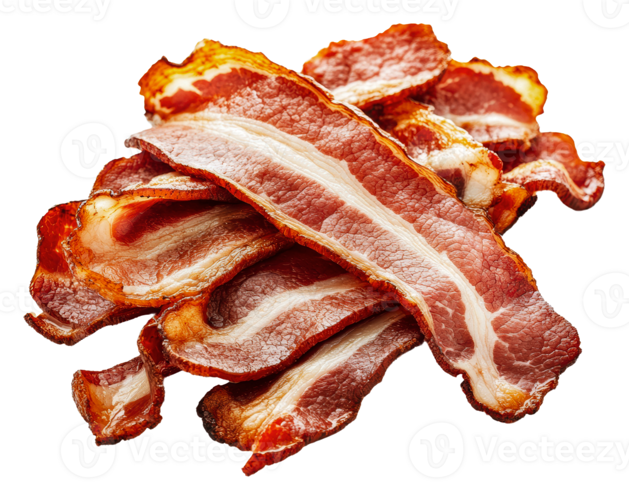 Crispy bacon strips arranged on a white background, cut out - stock . png