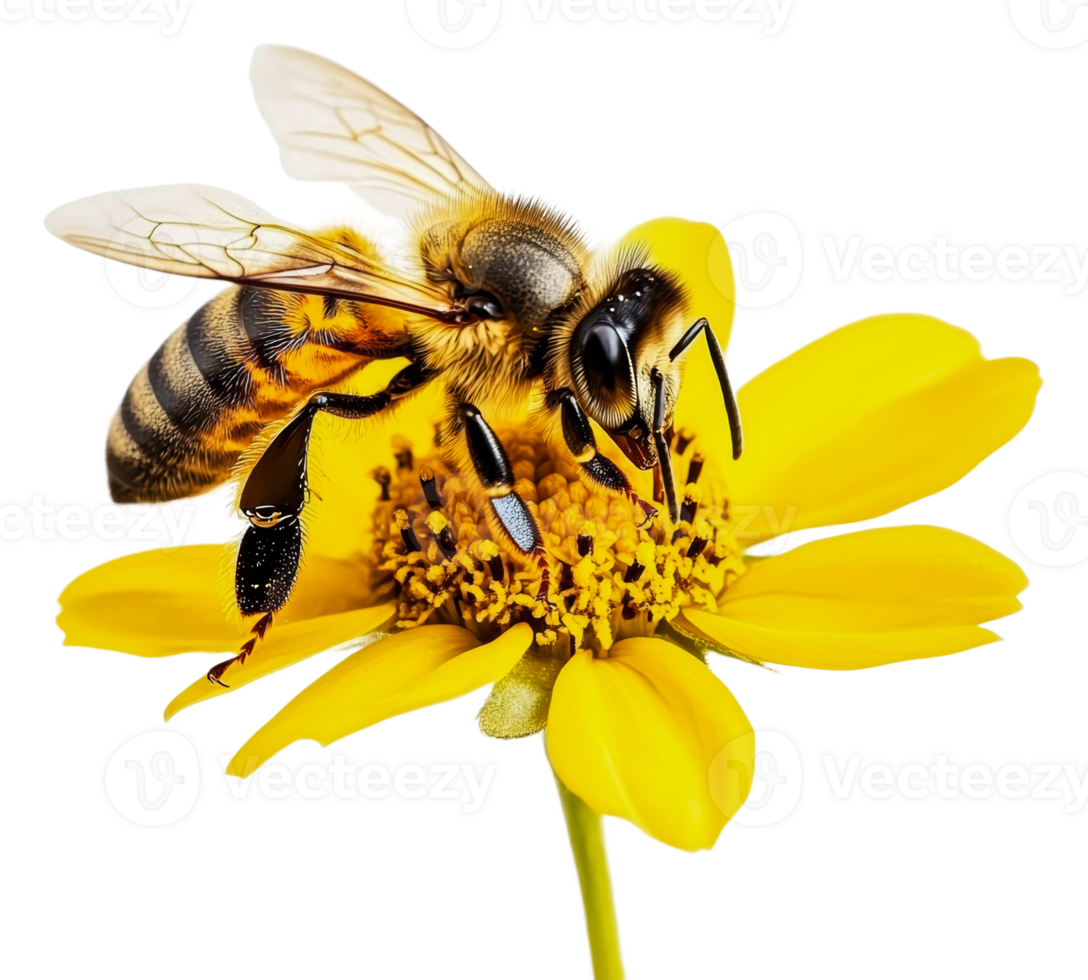 Bee gathering nectar from a yellow bloom, cut out - stock . png